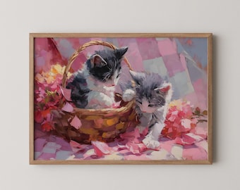May include: Two gray and white kittens, one sitting in a wicker basket and the other standing on a pink and white checkered surface. The kittens are surrounded by pink flowers and petals.