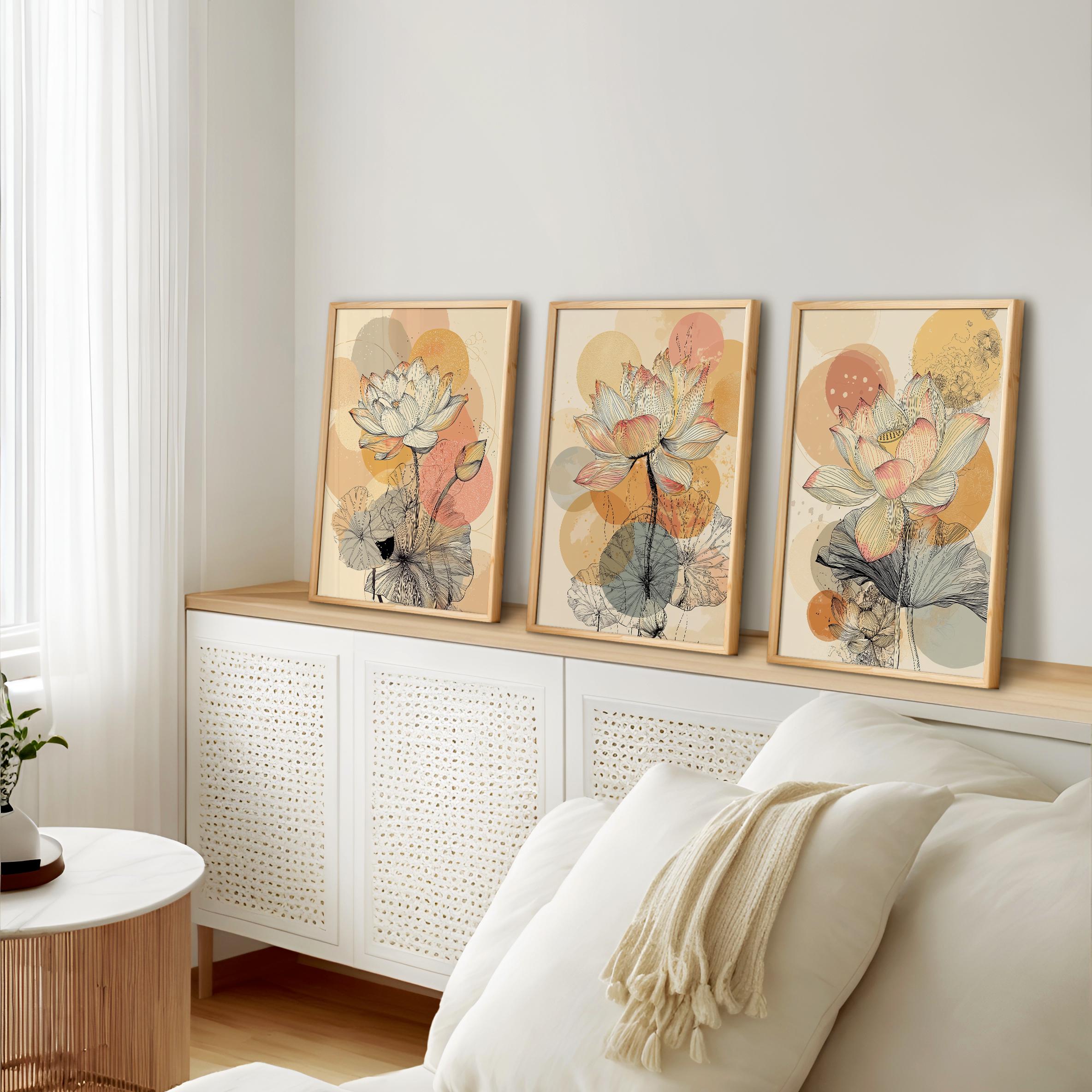 Lotus Flower Art Print Set: Minimalist Boho Wall Decor (digital ...