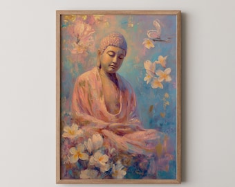 Radiant Buddha Oil Portrait: Spiritual Zen Floral Art (Digital Download)