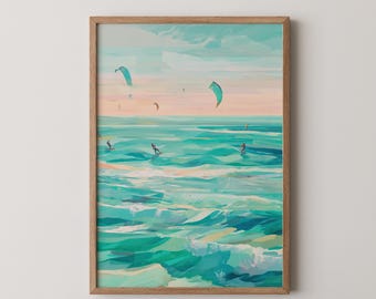Kite Surfers Watercolor Painting: Breezy Coastal Art (Digital Download)