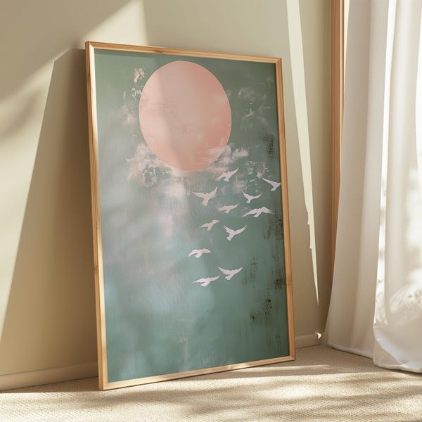 Pink Moon Watercolor Landscape Print: Misty Pines Cottagecore Wall Art (Digital Download)