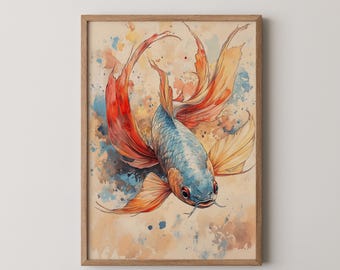 ベタの水彩画アートプリント：ヴィンテージ沿岸装飾（デジタルダウンロード）