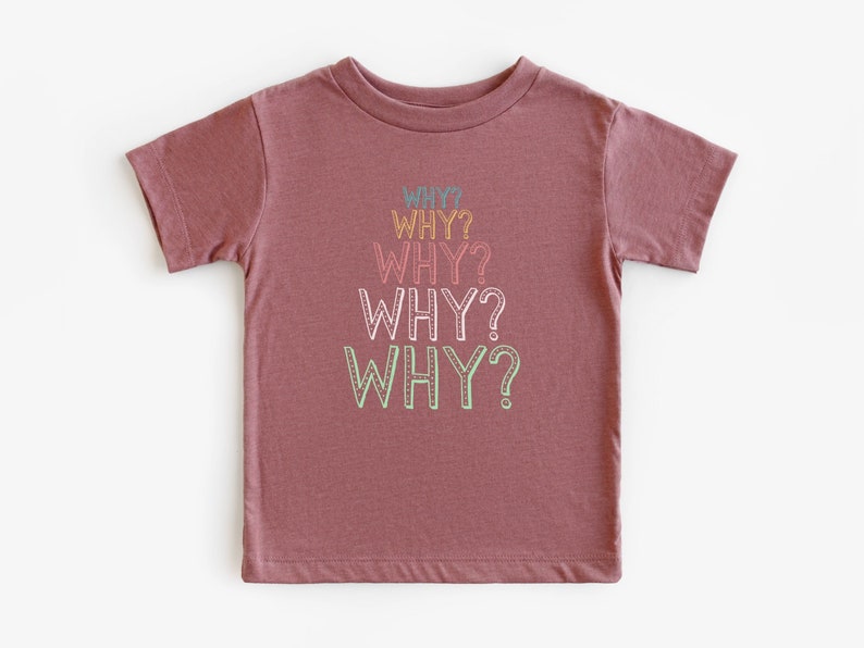 Op de afbeelding: Een mauve t-shirt met korte mouwen met het woord "WHY?" vijf keer herhaald in een regenboog van kleuren.