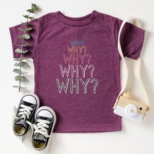 Op de afbeelding: Een maronkleurig T-shirt voor peuters met het woord "WHY?" vijf keer herhaald in een regenboogkleurige gradi&euml;nt. Het shirt ligt op een witte achtergrond met een speelgoedcamera en een takje eucalyptus.