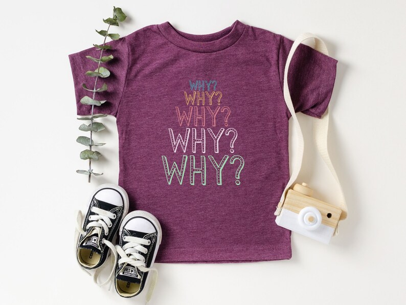 Op de afbeelding: Een maronkleurig T-shirt voor peuters met het woord "WHY?" vijf keer herhaald in een regenboogkleurige gradi&euml;nt. Het shirt ligt op een witte achtergrond met een speelgoedcamera en een takje eucalyptus.