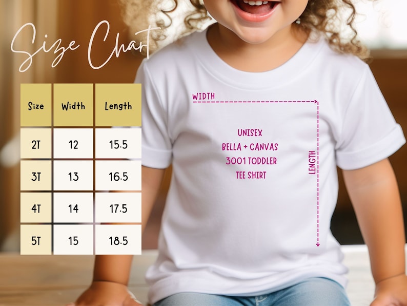 Op de afbeelding: Maattabel voor een unisex Bella + Canvas 3001 peuter T-shirt. De tabel toont de breedte en lengte in inches voor maten 2T, 3T, 4T en 5T.