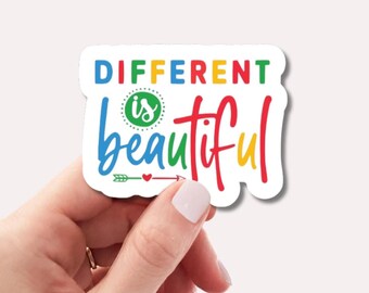 Pegatina "Diferente es bello" / Pegatina de afirmación positiva / Pegatina de vinilo para decoración de aula de profesores / Pegatina con cita sobre la bondad inclusiva