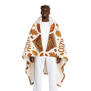 Cozy Vibes Fall Pattern Hooded Blanket | Autumn Leaves, Plaid Hat, Pumpkin