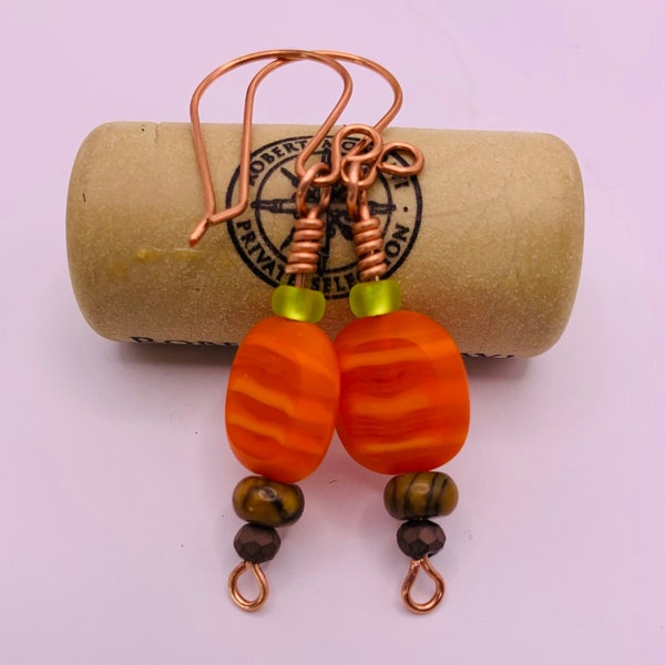Banded Orange Puffy Bead Earrings, Bright Orange Dangle Bead Earrings, Earthtone and Orange Bead Earrings, Hot Orange Dangle Bead Earrings