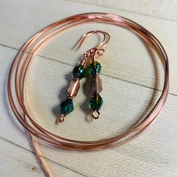 Copper and Emerald Green Earrings, Green and Copper Dangle Earrings, Dangle Earrings with Emerald Green Beads, Copper Dangle Earrings
