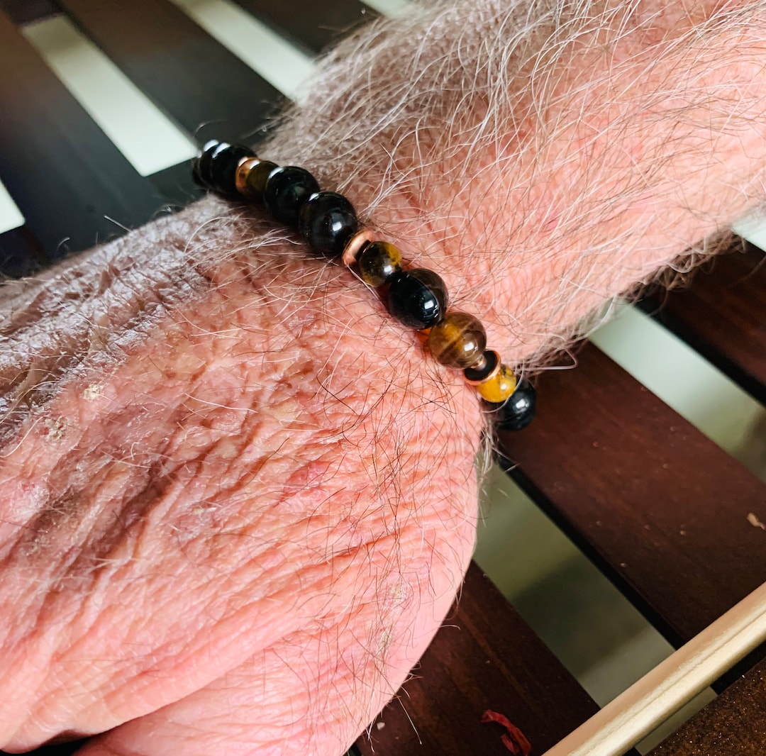 Tigers Eye and Black Bead Bracelet for Men, Contemporary Men's Black
