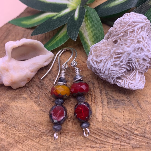 Fire Roasted Orange and Red Dangles, Spicey Orange and Hot Red Earrings, Charcoal, Deep Red and Pumpkin Bead Earrings, Lady Bug Red Dangles