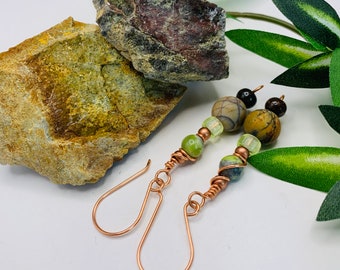 Brown Agate and Spring Green Bead Dangles, Earthy Agate Earrings, Copper Wire Wrapped Earthtone Dangles, Rustic Boho Dangles, Earrings