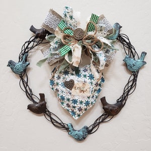 Metal Heart Wreath with Birds-   Adorned with rag bow and heart pillow with button and sign