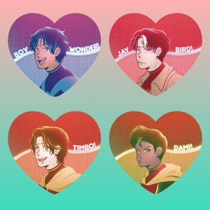 Batboys Heart Holographic Stickers [4 pack of Nightwing, Red Hood, Red Robin, and Robin]