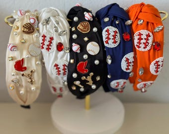 Fascia Nodo Con Perline Baseball – Cerchietto Glitterato Con Cristalli E Perle Per Il Game Day, Regalo Per Mamma O Tifosa (Rosso)