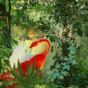 Red dragon in wood fantasy digital art print. Red dragon in forest fantasy wall art print. Fantasy red dragon in wood digital art print.