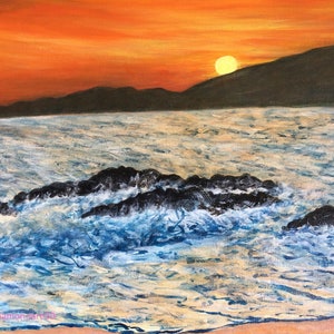 Rocky silver sea sunset beach digital art print. Sunny Beach silver sea scene painting with waves on the sea and rocks.