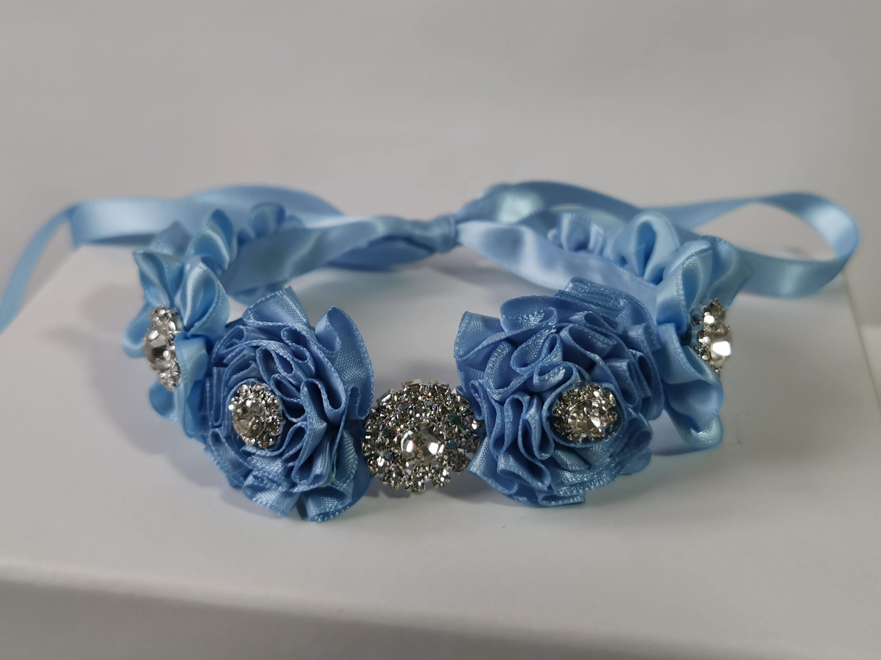 Handmade light Blue Floral Bunwrap: Diamanté Dance Hairpiece