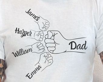 Camiseta personalizada para pai com toque de punho, camiseta para pai com nomes de filhos, camiseta para pai de 4 filhos, presente para o dia dos pais, pai de quatro filhos, camiseta para o dia dos pais e avô
