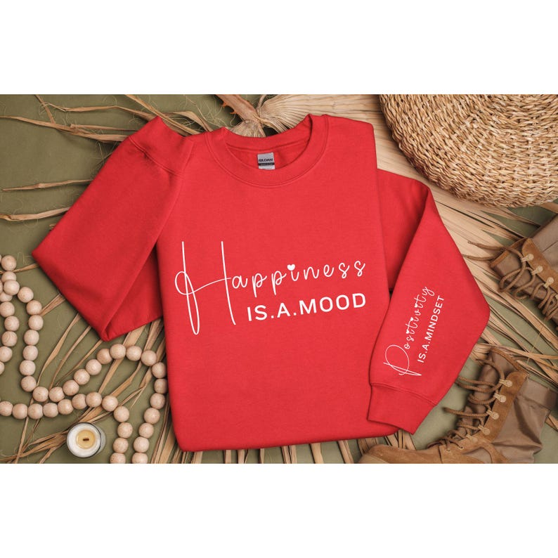 Moletom com capuz "Felicidade é um estado de espírito" - Moletom com capuz "Positive Mindset" com design de citação na manga imagem 3