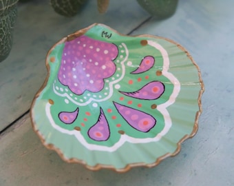 Small Hand Painted Boho Blue Shell Ring Jewellery Trinket Dish