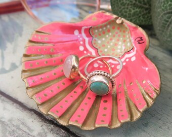 Small Hand Painted Boho Pink Nouveau Shell Ring Jewellery Trinket Dish