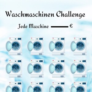 Könnte beinhalten: Ein weißes Waschmaschinen-Herausforderungs-Spiel mit 20 Waschmaschinen mit offenen Türen und Blasen im Inneren. Der Text oben lautet "Waschmaschinen Challenge" und der Text unten lautet "Jedes Maschine ____ €".