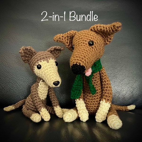Crochet Pattern Instructions 2-in-1  Bundle Greyhound Dog and Two-Toned Puppy Easy Cute Whippets Amigurumi Great DIY Gift