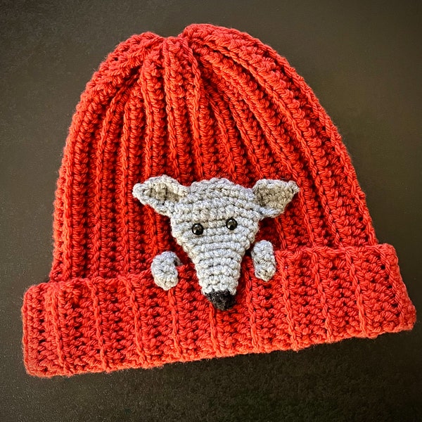 Crochet Pattern Instructions - Peek-a-Boo Greyhound Hat Whippet Dog on Ribbed Beanie Great DIY Gift