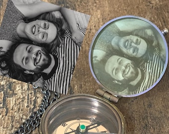Photo Engraved Brass Compass, Personalized Valentine's Gift