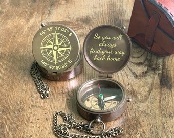 Bússola de latão gravada personalizada, presente de Natal para homens, presente de formatura para neto.
