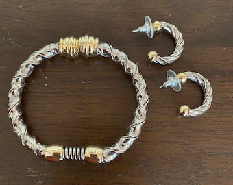 Two-Tone Cuff Bracelet and Hoop Earrings Jewelry Set
