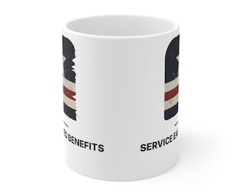 May include: A white ceramic mug featuring a distressed graphic of a star above horizontal stripes in navy, white, and red. The text reads "EARNED BENEFITS" and "SERVICE EARNED" in black capital letters, positioned below the graphic elements.