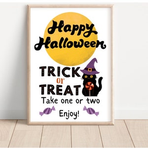 Trick or treat sign, halloween printable, trick or treat printable, take one or two, witch cat halloween, digital download, kids halloween