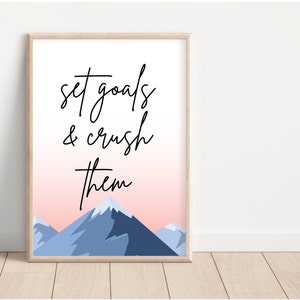 motivational wall art, sayings wall art, office wall art printable, set goals and crush them, teen girl room decor, pink and blue