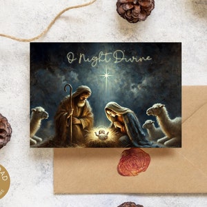 Tarjeta navideña con escena de la Natividad de Oh Noche Divina / Tarjeta festiva imprimible / Tarjeta de felicitación de 4x6 y 5x7 / Tarjeta navideña cristiana para imprimir en casa