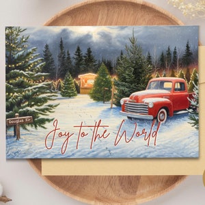carte de Noël vintage camion rouge, voeux de vacances imprimables, joie du monde, scène d'hiver festive avec des arbres à feuilles persistantes, tailles 4 x 6 et 5 x 7
