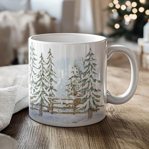 Winter Scene Mug, Pine Tree Scenic Coffee Mug, Christmas Bird Mug, Snowy Water Color Woodland Mug, Winter Vibes, Forest Woodland Coffee Cup