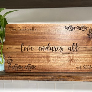 Personalized Acacia Cutting Board with Love Endures All Bible Verse. Change Name and Marriage Year. Christian Housewarming or Wedding Gift.