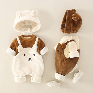 Winter Warm Baby's Rompers Cartoon Brown Bear Baby Boy Hooded Clothes Newborns Jumpsuit For Kids Boys Fleece Clothing 0-12Month Cute Gift