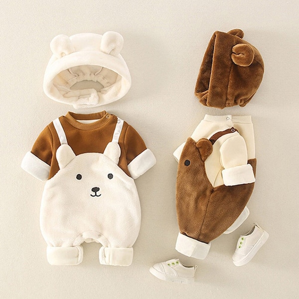 Hiver chaud bébé barboteuses dessin animé ours brun bébé garçon vêtements à capuche nouveau-nés combinaison pour enfants garçons polaire vêtements 0-12 mois cadeau mignon
