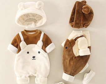 Hiver chaud bébé barboteuses dessin animé ours brun bébé garçon vêtements à capuche nouveau-nés combinaison pour enfants garçons polaire vêtements 0-12 mois cadeau mignon