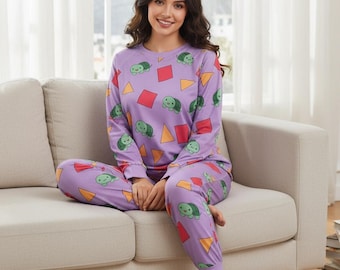 Schildpadpyjamaset: paarse geometrische print, zachte loungekleding van polyester en spandex