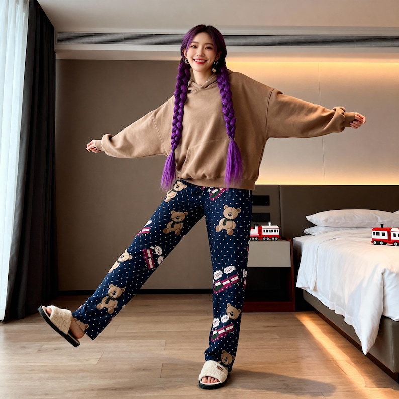 Op de afbeelding: Een persoon draagt een bruinbeige hoodie en een marineblauwe pyjamabroek met een teddybeer- en stippenpatroon. De persoon draagt ook witte, zachte pantoffels. De achtergrond omvat een bed en een nachtkastje met speelgoedtreinen.