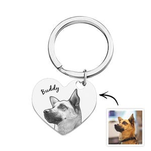 Custom Pet Portrait Keychain: Engraved Stainless Steel Heart, Personalized Dog Cat Memorial