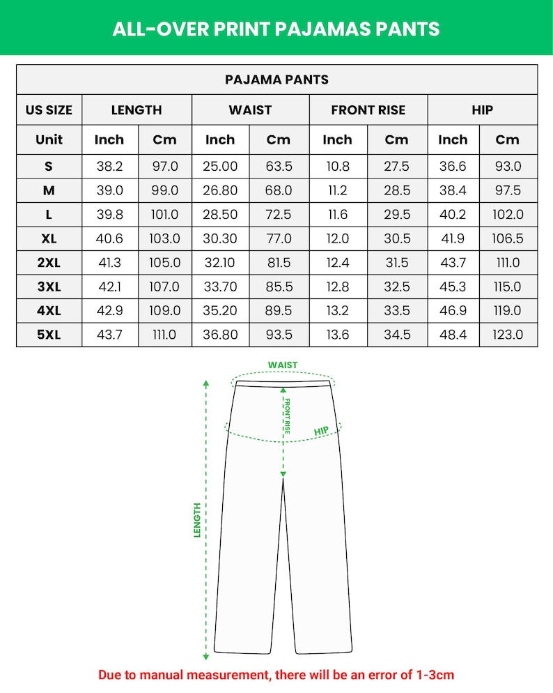 Op de afbeelding: Maattabel voor pyjamabroeken met afmetingen in inches en centimeters. Maten vari&euml;ren van S tot 5XL, met metingen voor lengte, taille, kruishoogte en heup. De tekst bovenaan luidt "ALL-OVER PRINT PAJAMAS PANTS".