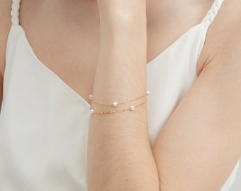 Natural Freshwater Pearl Sterling Sliver Bracelet, Gold S925 Double Layer Genuine Bead Pearl Bracelet, Wedding Bridal Bracelet, Gift for Her
