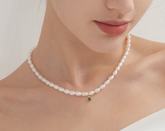 Natural Freshwater Pearl Sterling Silver Necklace, Gold Plated Pearl with Green CZ Choker, Wedding Bride Jewellery, Mother's Gift for Her