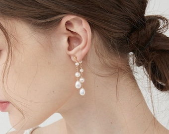 Boucles d'oreilles pendantes en perles naturelles, Puces d'oreilles en perles véritables, Boucles d'oreilles en argent sterling plaqué or, Boucles d'oreilles pendantes pour mariage, Cadeau pour elle